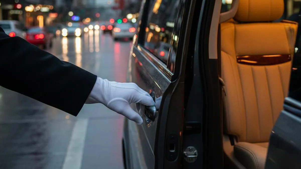 曼谷豪华商务车司机为VIP客户开门,提供奔驰Vito夜生活接送服务