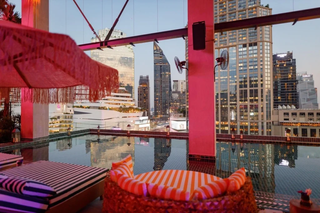 Beautiful view of Bangkok City from the swimming pool of Tribe sky beach club